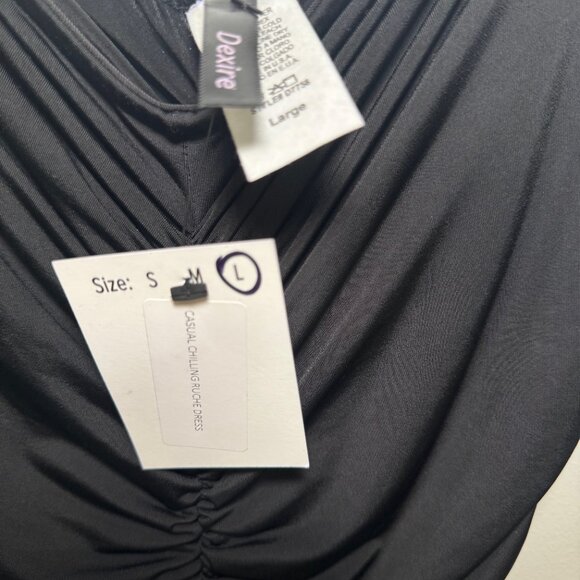 BLACK RUCHED BODYCON STRAPLESS MIDI DRESS SIZE L - Picture 5 of 5